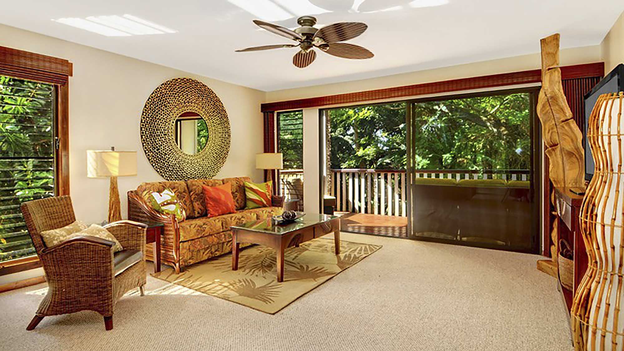 Waikomo Stream Villas #423 - Living Room & Lanai View - Parrish Kauai