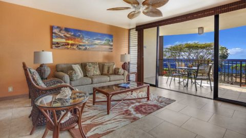 Lawai Beach Resort #1-314 - Ocean View Living Room & Lanai - Parrish Kauai