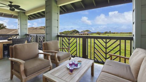 Pili Mai Resort at Poipu #09E - Covered Seating Lanai with Golf Course Views - Parrish Kauai