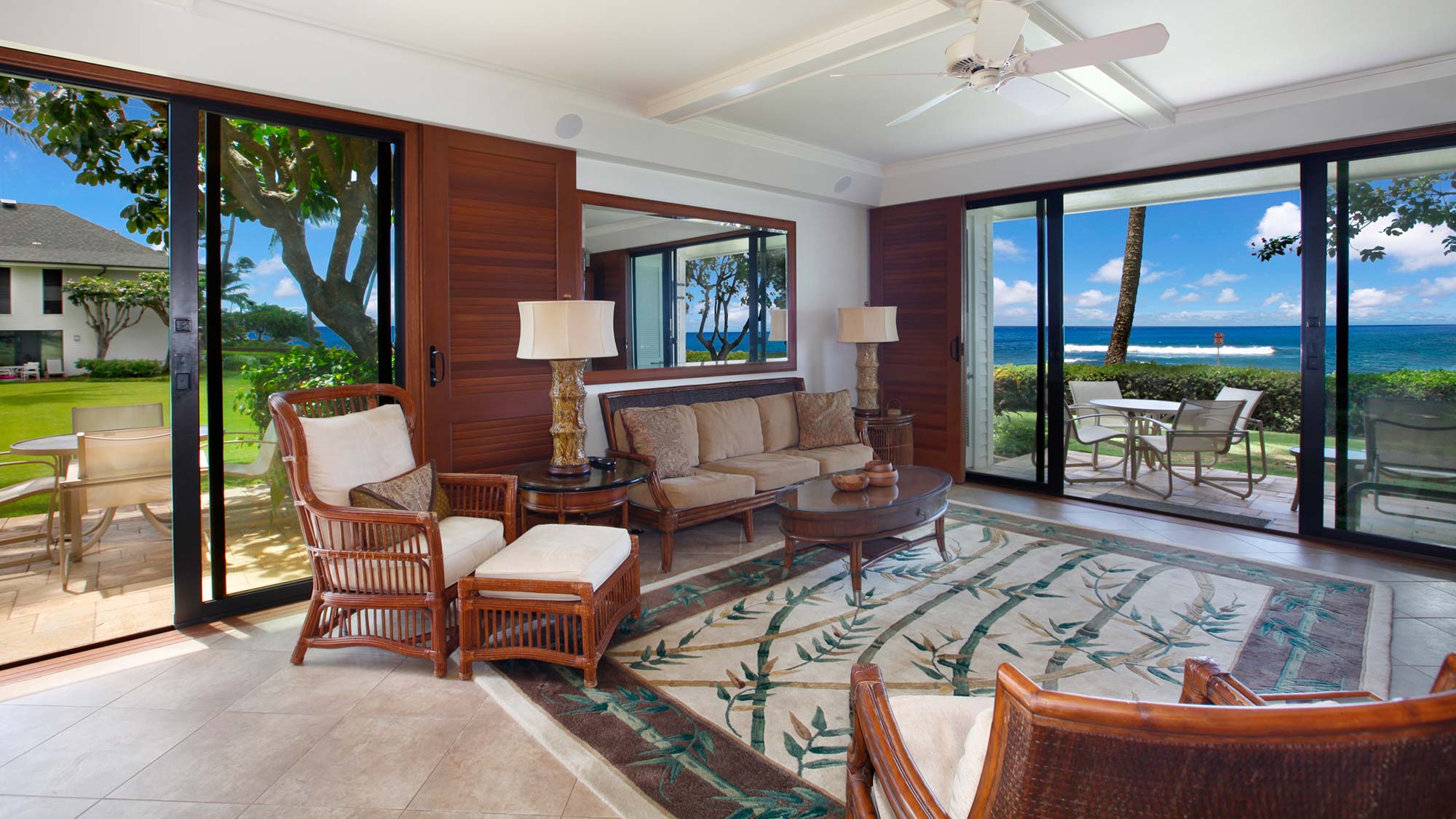 Poipu Kapili Resort #12 - Oceanfront Living Room & Side Lanai View - Parrish Kauai