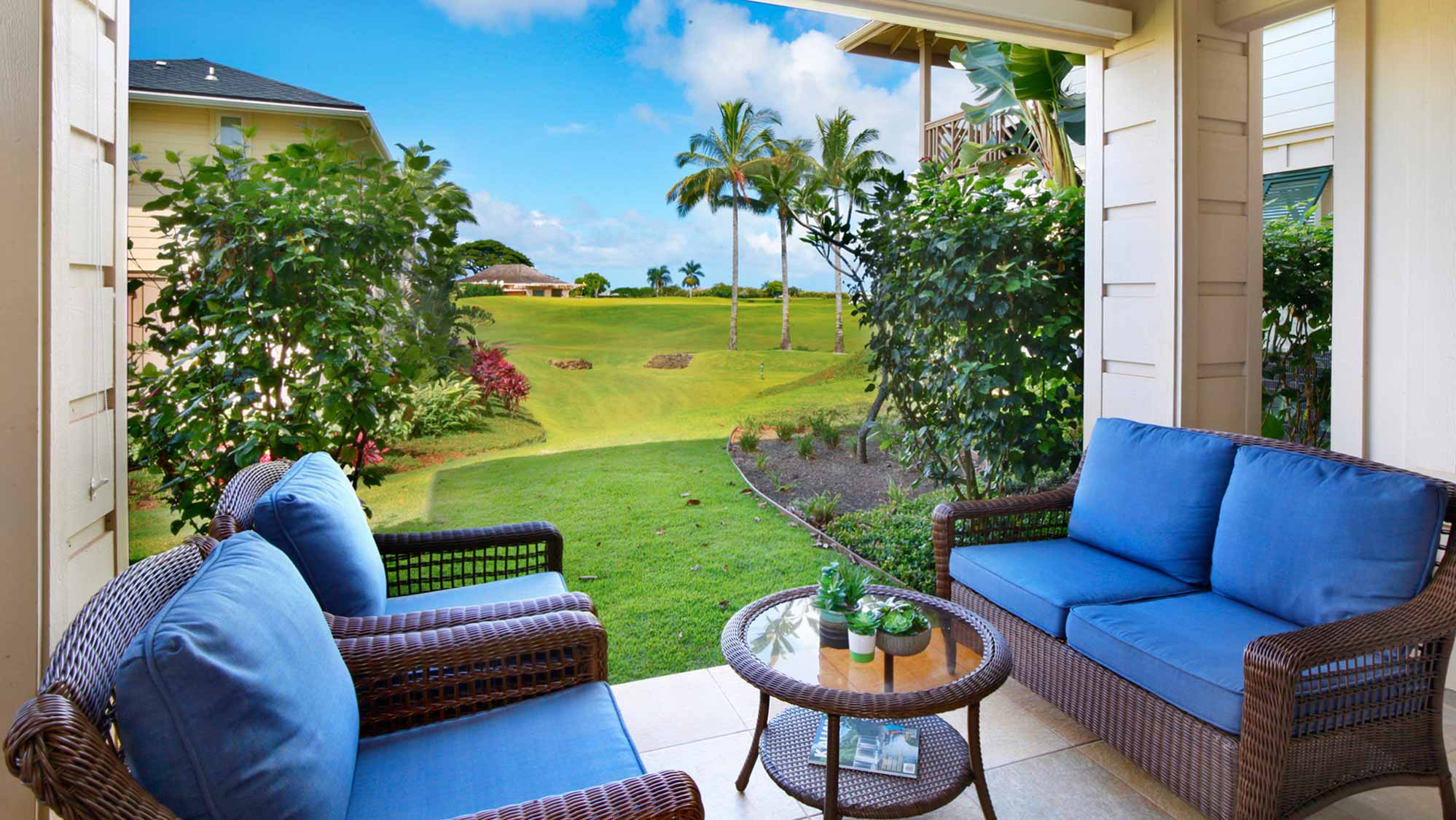 Pili Mai Resort at Poipu #10A - Covered Seating Lanai with Golf Course Views - Parrish Kauai