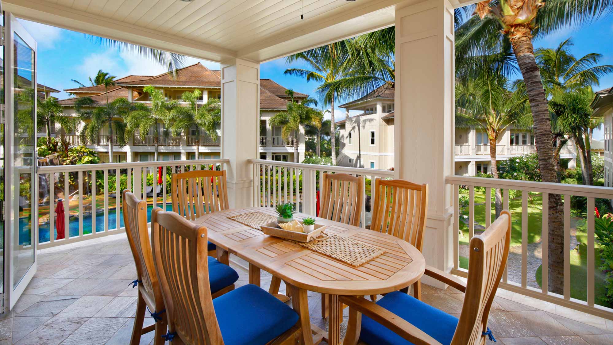 Villas at Poipu Kai #E210 - Covered Dining Lanai with Pool View - Parrish Kauai