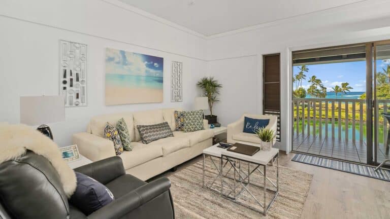 Kiahuna Plantation #216 - Ocean View Living Room & Lanai - Parrish Kauai