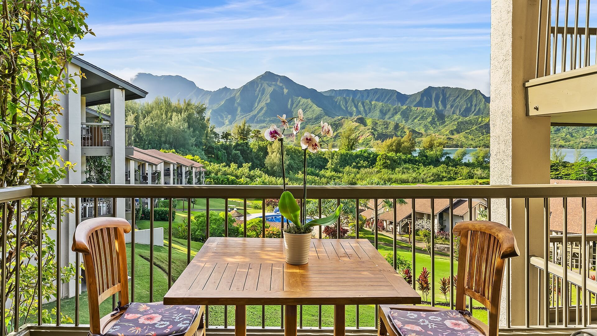 A mountain view from the covered lanai at Hanalei Bay Resort #5201 & 5202