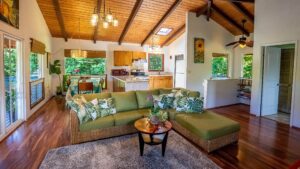 The interior of Hale Haena Beach House, a Kauai beach rental