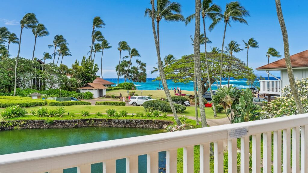 The ocean view from the covered lanai at Kiahuna Plantation 207
