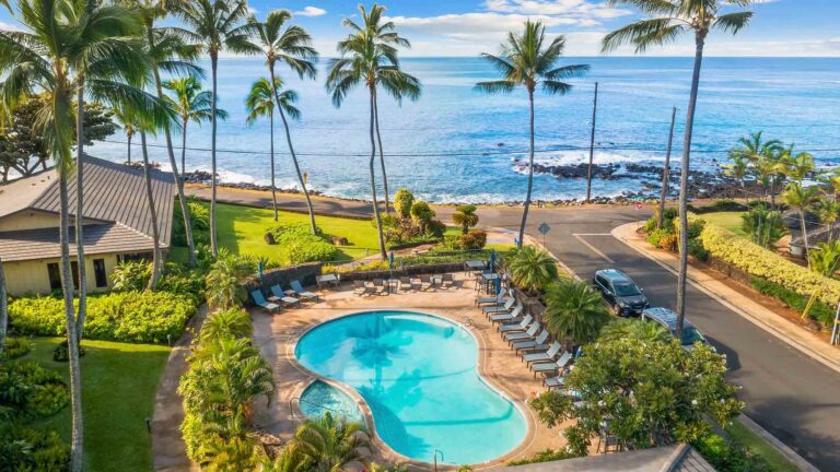 A view of the pool and resort grounds at Nihi Kai Villas