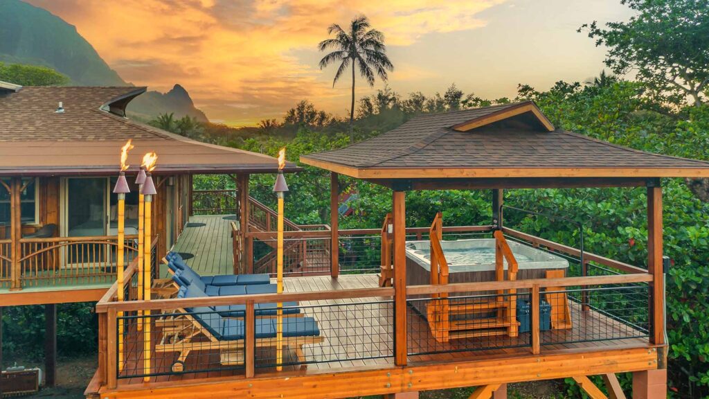 An evening view of Tropical Bamboo Hideaway, a Kauai vacation rental