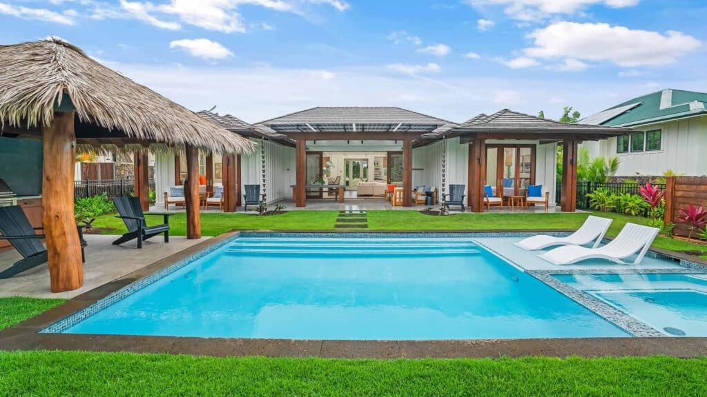 The pool and outdoor living space at Maluhia at Wainani
