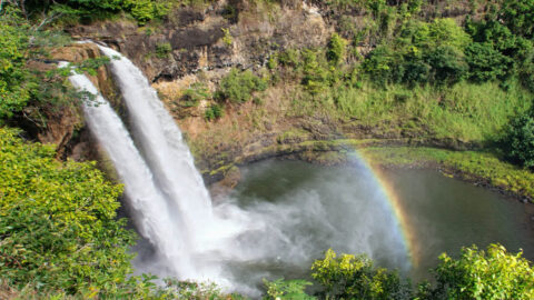 A view of Wailua Falls, the perfect spot for a day trip on Kauai