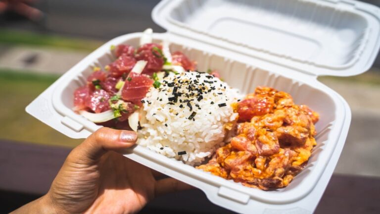 A typical fast food meal in Kauai, the plate lunch with rice, chicken, and more