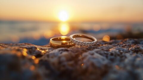 Two wedding rings on a a Kauai beach following an elopement