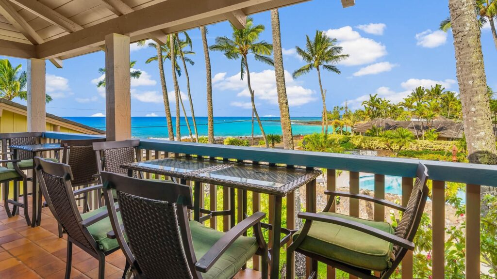 Ocean and pool views from the covered lanai at Nihi Kai Villas #200