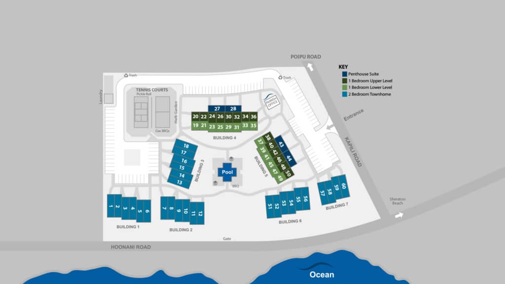 Map of Poipu Kapili oceanfront resort featuring villa locations, tropical grounds, resort amenities, and shoreline access on Kauai’s South Shore.