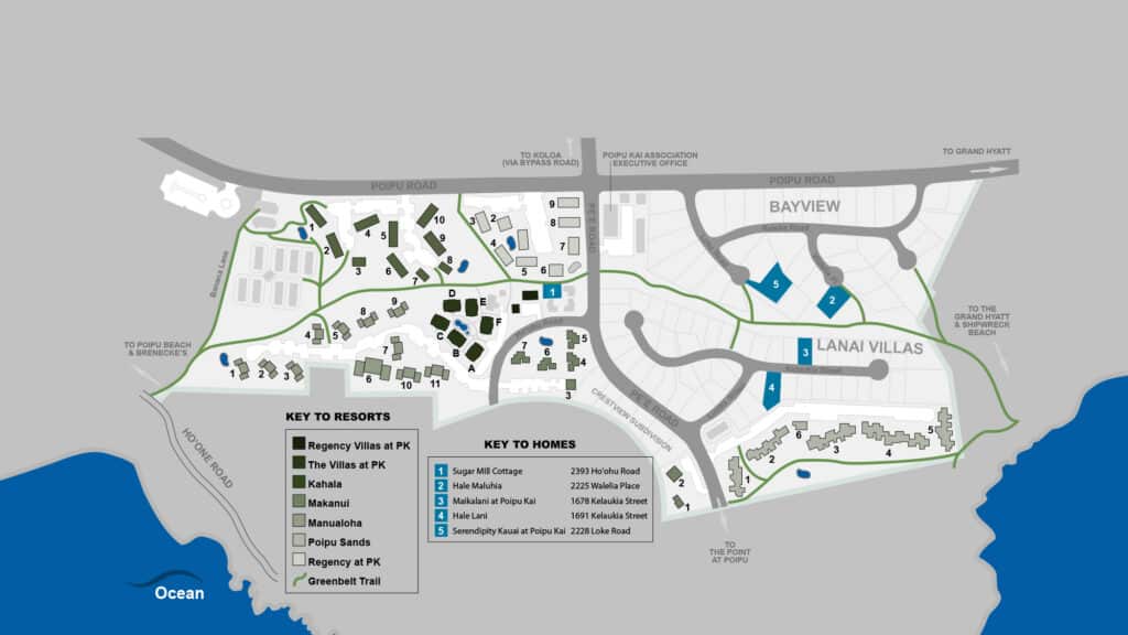 Poipu Kai Resort map showing vacation rental communities, beaches, pools, tennis courts, and resort amenities on Kauai's South Shore