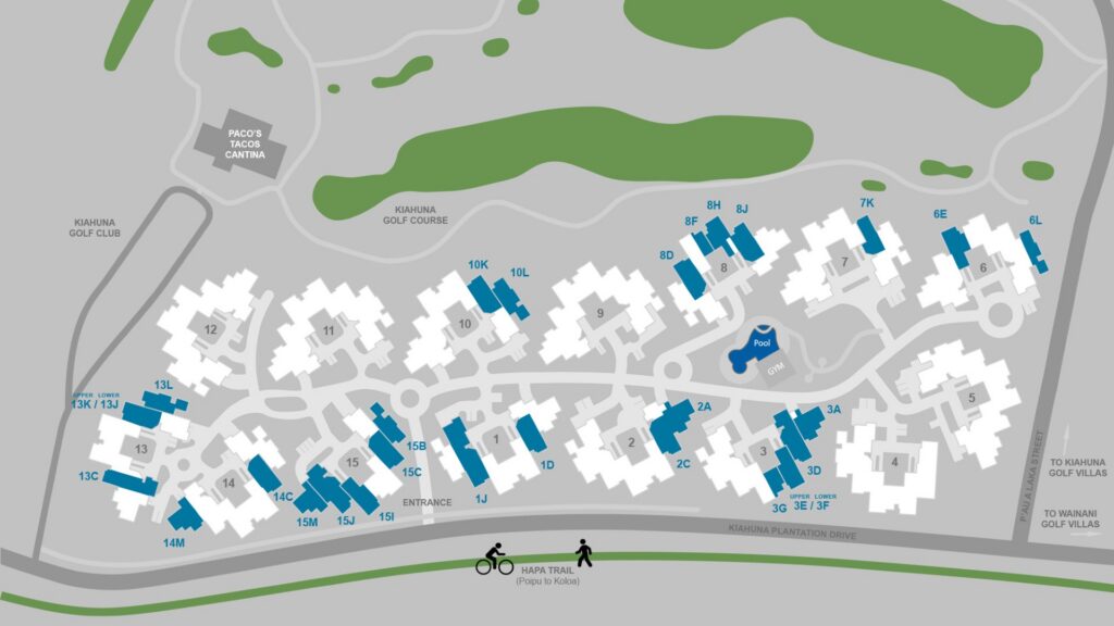 Map of Pili Mai at Poipu showing building locations, pool, parking areas, and resort layout near Poipu Beach.
