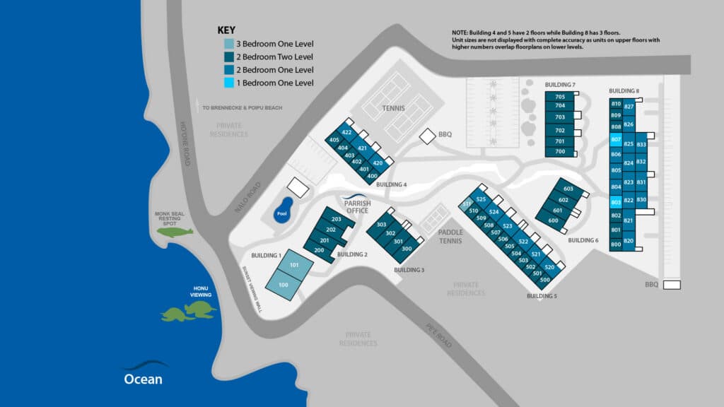 Map of Nihi Kai Villas in Poipu showing building locations, pool, tennis courts, oceanfront pathways, and nearby turtle and monk seal viewing areas.