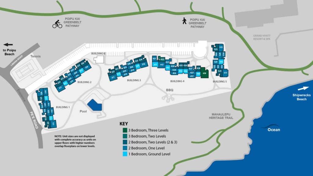 Map of Poipu Sands in Poipu featuring villa buildings, resort amenities, walking paths, and nearby Shipwreck Beach access.